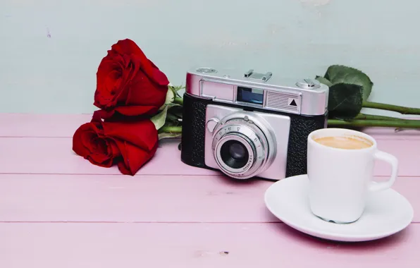Картинка цветы, кофе, розы, фотоаппарат
