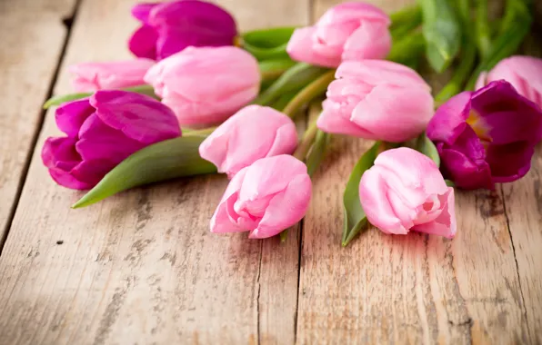 Картинка цветы, букет, fresh, wood, pink, flowers, beautiful, tulips, розовые тюльпаны