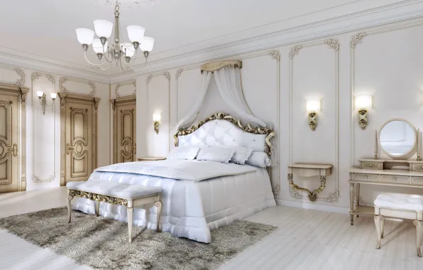 Картинка simple, кровать, интерьер, люстра, bedroom, Luxury, сальня