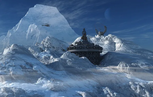 Картинка снег, горы, планета, сооружение, Lone Post
