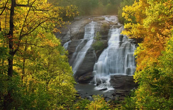 Картинка осень, деревья, пейзаж, скала, водопад