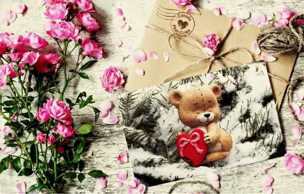 Картинка цветы, розы, мишка, Письмо, Праздник, день влюбленных, открытка
