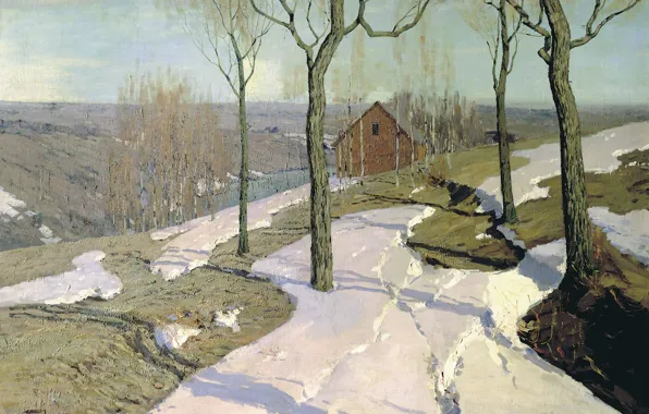 Картинка деревья, пейзаж, дом, масло, Холст, 1898, Последний снег, Вильгельм ПУРВИТ