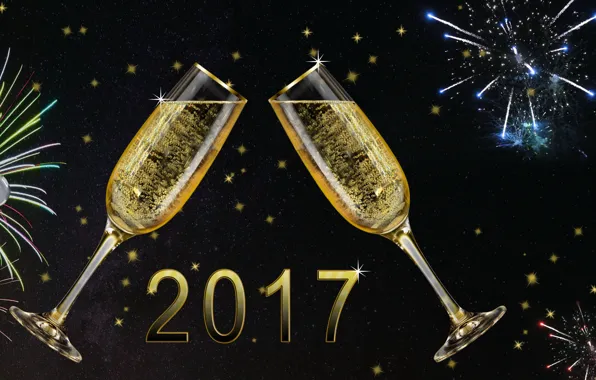 Картинка Новый Год, бокалы, new year, happy, fireworks, champagne, 2017