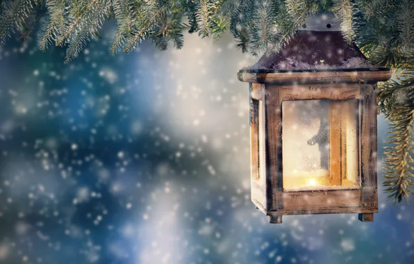 Картинка снег, украшения, елка, Новый Год, Рождество, фонарь, Christmas, snow, Merry Christmas, Xmas, decoration, candle, lantern, …