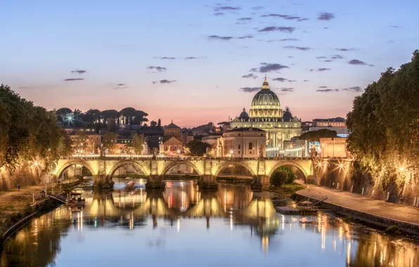 Картинка мост, огни, река, Рим, Италия, Тибр