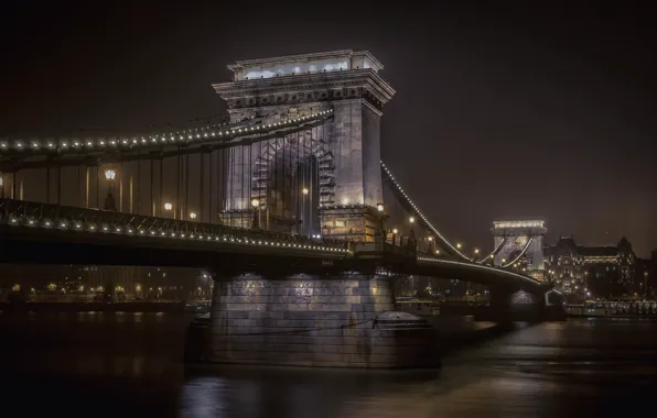 Картинка ночь, огни, река, Венгрия, Будапешт, Дунай, Цепной мост