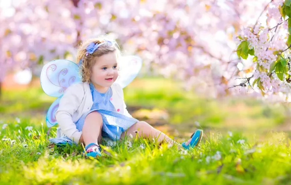 Картинка трава, радость, настроение, бабочка, весна, девочка, Spring, Butterflies, Little girls