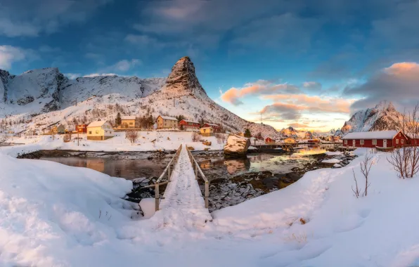 Картинка зима, снег, горы, Норвегия, поселение