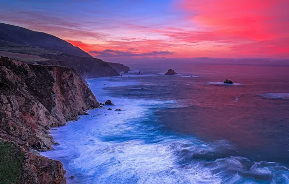 Картинка море, скалы, Калифорния, зарево, США, Монтерей