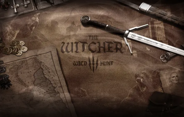 Картинка оружие, деньги, меч, монеты, карта мира, ведьмак, Witcher, The Witcher 3 Wild Hunt, Witcher 3, …