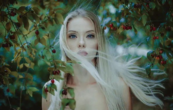 Картинка взгляд, ветки, ягоды, длинные волосы, Zuzanna Korzeniewska