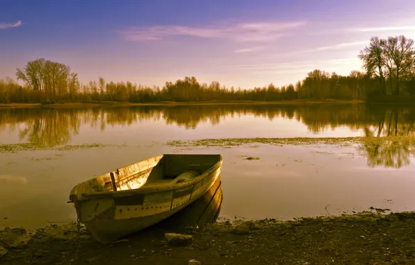 Картинка Природа, Озеро, Nature, Lake, Old boat, Старая лодка