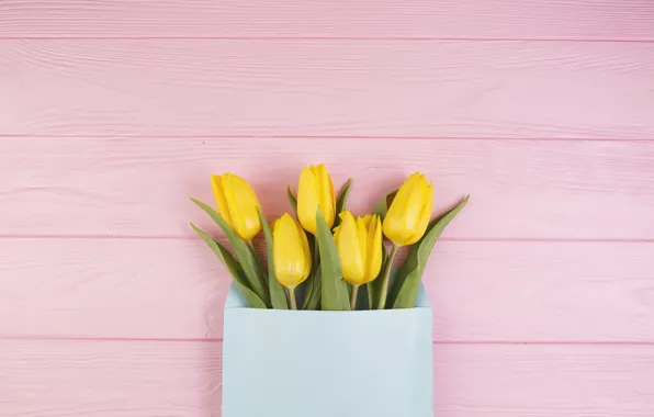 Картинка цветы, букет, желтые, тюльпаны, fresh, yellow, wood, pink, flowers, tulips, spring, tender