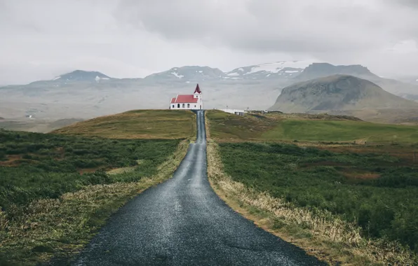 Картинка дорога, поле, храм, Iceland, Snaefellsnesog Hnappadalssysla, Rif