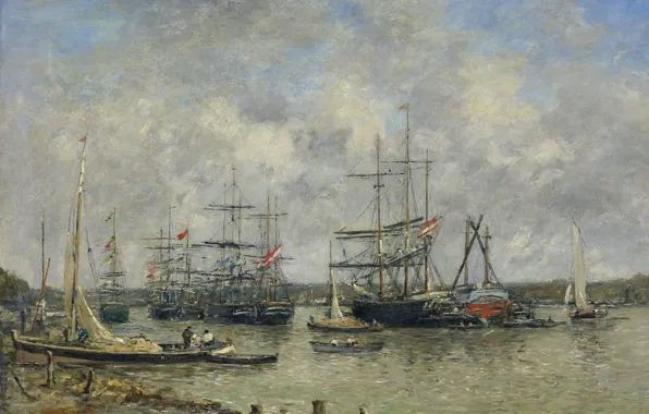 Картинка река, картина, Bordeaux, Эжен Буден, Eugene Boudin, Трёхмачтовый Корабль на Гаронне
