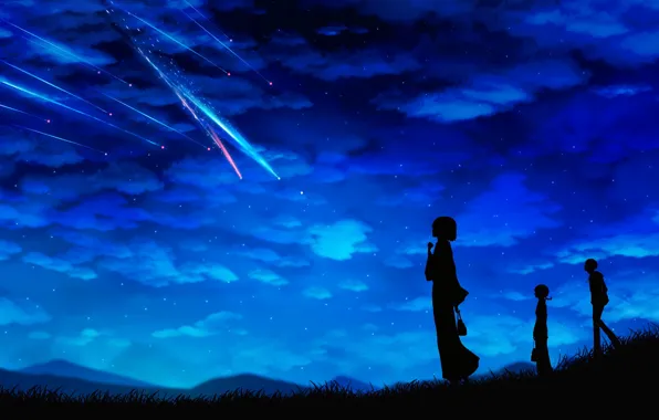 Картинка небо, звезды, облака, ночь, девушки, аниме, парень, падающая звезда, harada miyuki, miyamizu mitsuha, Kimi no …