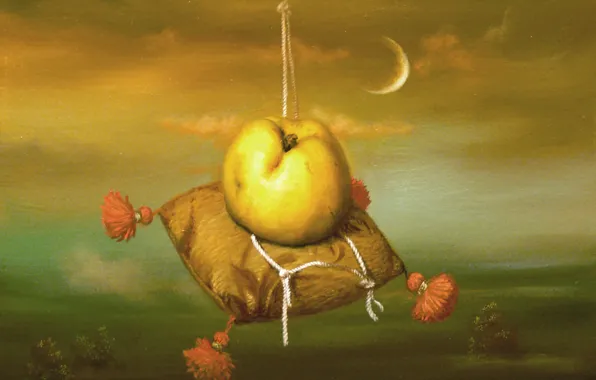 Картинка луна, яблоко, подушка, Сюрреализм, Лазарев И.А