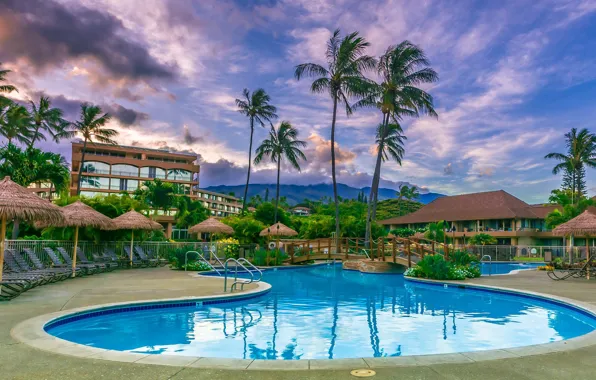 Картинка небо, облака, пейзаж, горы, пальмы, вечер, бассейн, Гавайи, отель, курорт, Maui