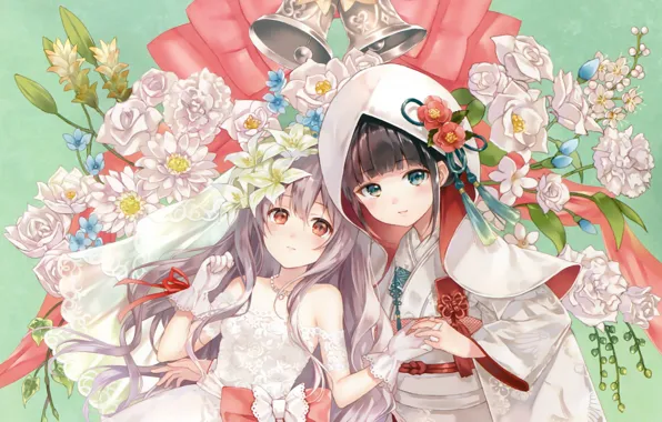 Картинка цветы, две, капюшон, перчатки, корсет, кимоно, бант, колокольчики, art, вышивка, свадебное платье, невесты, sanba fukahire