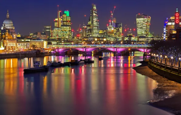 Картинка ночь, мост, огни, река, Англия, Лондон, дома