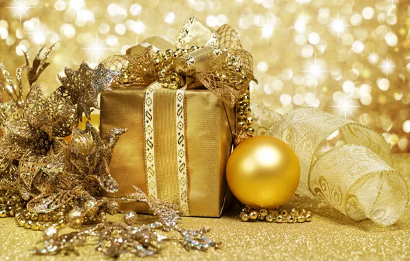 Картинка золото, подарок, новый год, лента, снежинка