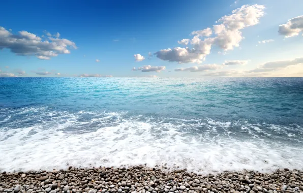 Картинка море, волны, пляж, небо, галька, камни, берег, beach, sky, sea, blue, seascape