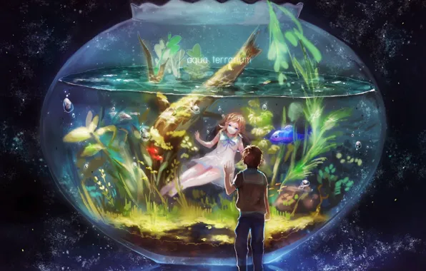 Картинка рыбки, водоросли, пузырьки, аквариум, двое, звездное небо, Nagi no Asukara, Hikari Sakishima, Manaka Mukaido, Когда …
