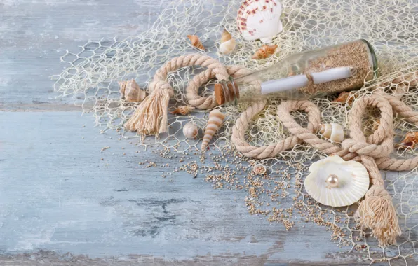 Картинка песок, бутылка, ракушки, wood, sand, marine, still life, жемчужина, seashells, perl