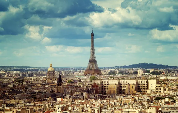 Картинка небо, солнце, облака, Франция, Париж, дома, панорама, Эйфелева башня