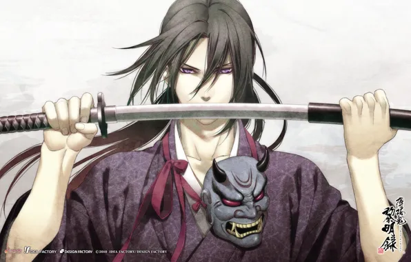 Картинка взгляд, меч, аниме, маска, самурай, Hakuouki, Hijikata Toshizou