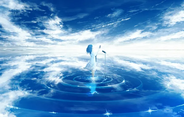 Картинка небо, вода, девушка, гитара, Y_Y, микрафон