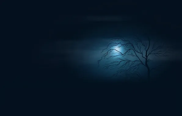 Картинка пустота, ночь, туман, сумрак, одинокое дерево, ливень, полная луна, в темноте