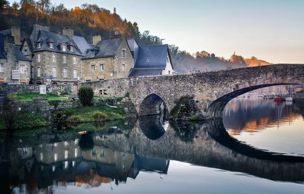 Картинка осень, деревья, мост, река, Франция, дома, Brittany, Port de Dinan