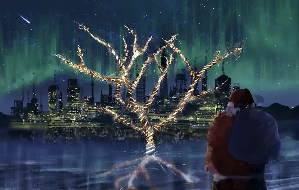 Картинка ночь, город, дерево, рождество, Санта-Клаус