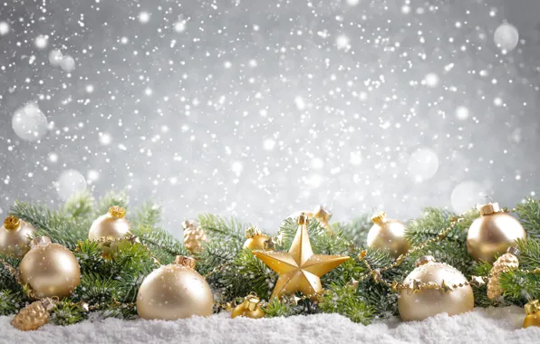 Картинка зима, снег, украшения, шары, елка, Новый Год, Рождество, Christmas, winter, snow, Merry Christmas, Xmas, snowman, …