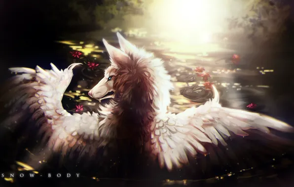 Картинка природа, пруд, волк, крылья, by Snow-Body