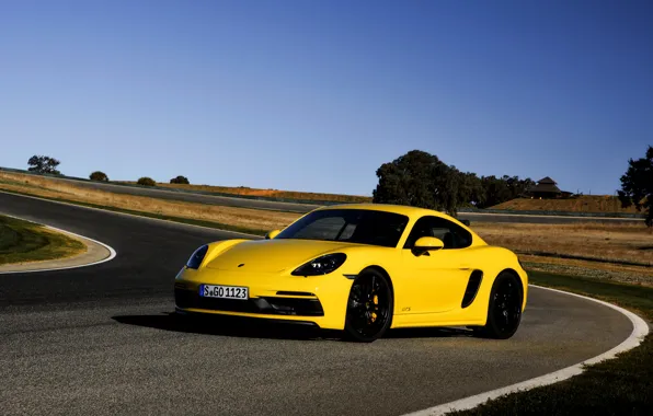 Картинка жёлтый, газон, трасса, Porsche, поворот, обочина, 2017, 718 Cayman GTS