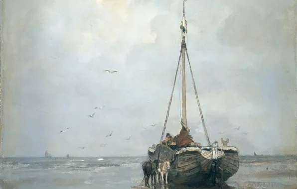 Картинка море, масло, картина, холст, Якоб Хендрикус Марис, Корабль на Пляже Схевенинген