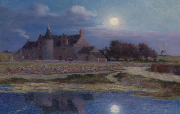 Картинка пейзаж, ночь, дом, отражение, картина, Ferdinand du Puigaudeau, Фердинанд дю Пюигадо, Kervaudu under the Clear …