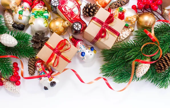 Картинка шарики, ветки, праздник, игрушки, подарки, Новый год, снеговики, машинка, шишки, ленточки, коробочки