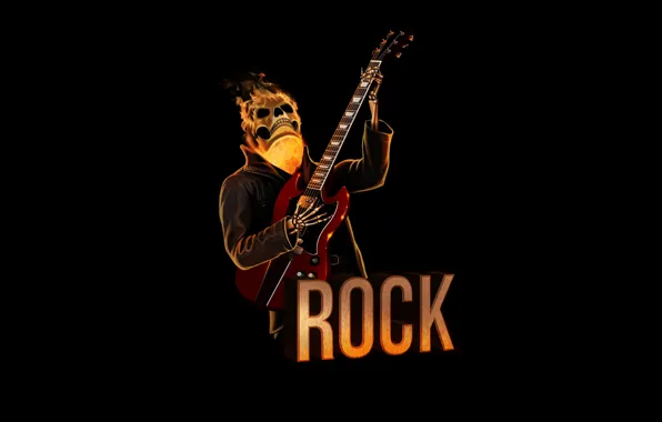 Картинка красный, огонь, череп, гитара, минимализм, скелет, skull, rock, черный фон, рок