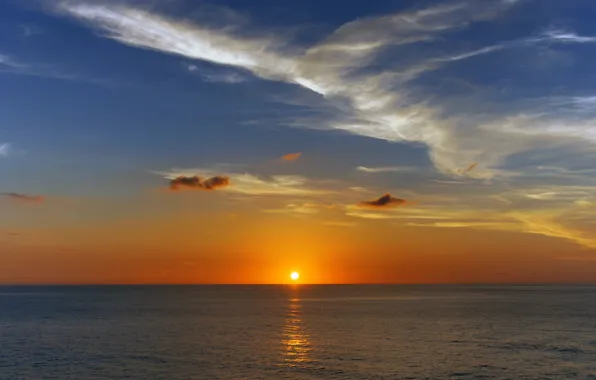 Картинка небо, солнце, облака, закат, океан, горизонт, Тихий океан