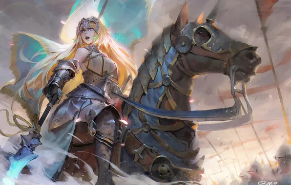 Картинка девушка, оружие, конь, броня, копьё, anime, art, Жанна Д'арк, Ruler