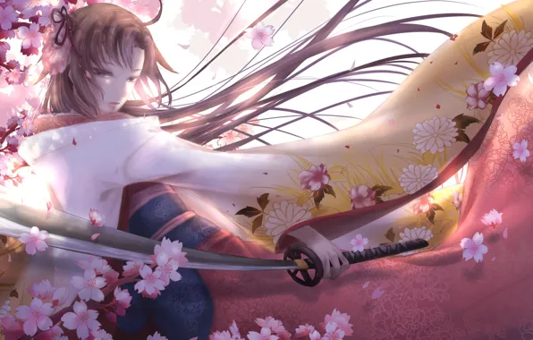 Картинка девушка, цветы, меч, аниме, арт, kara no kyoukai, ryougi shiki, fate/grand order