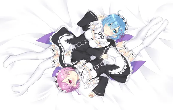 Картинка девушки, кровать, anime, art, сёстры, лежат, близнецы, ram, rem, re zero kara hajimeru isekai seikatsu