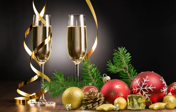 Картинка шары, елка, Новый Год, бокалы, Рождество, new year, happy, decoration, champagne