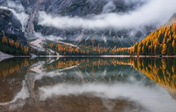 Картинка осень, лес, облака, горы, природа, туман, озеро