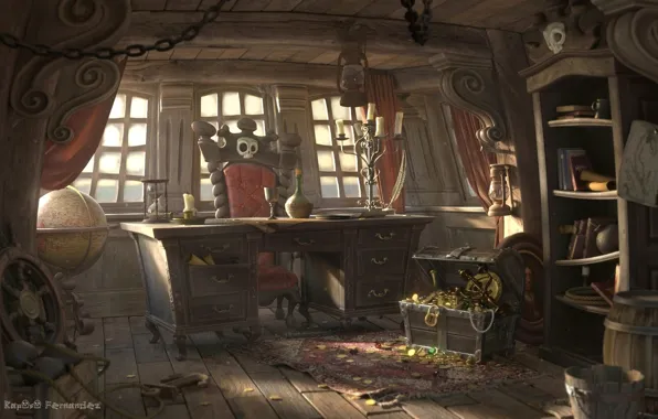 Картинка корабль, арт, сундук, добыча, каюта, Sergio Raposo Fernández, Pirate cabin