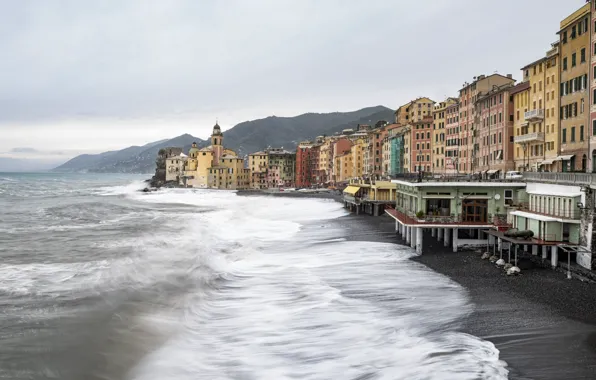 Картинка море, пляж, берег, Италия, Italy, travel, Camogli, Liguria, basilica